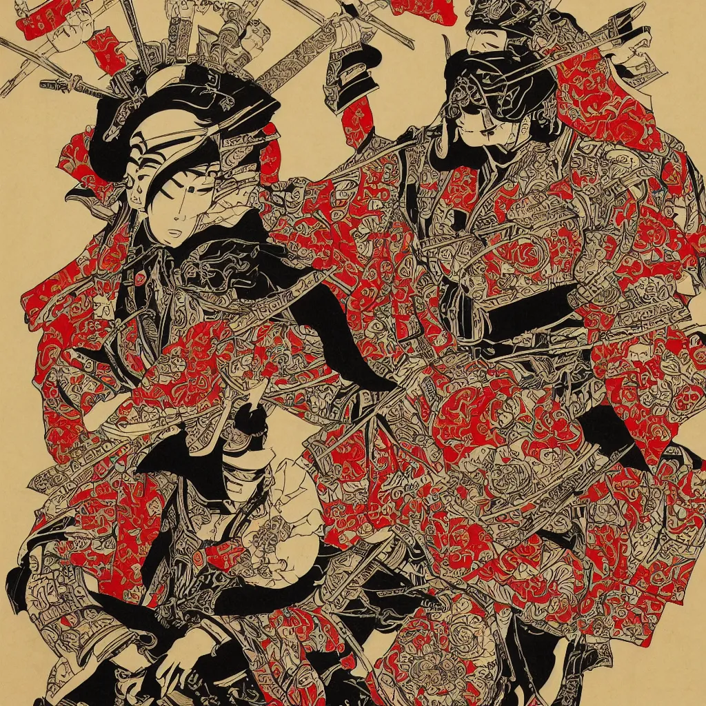 Image similar to an epic detailed political poster of a Japanese samurai in a temple, with Japanese text, high quality, intricate, detailed, 4k, by Shepard Fairey