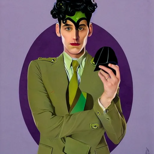 Prompt: Young Spanish man is Super Spy Captain, the Electric Boy, Art by Joshua Middleton, socks, Rene Magritte, succulent plants Chalk white skin, deep purple hair, Green eyes, Orange background, Mucha, Portrait of the man, surreal, ,carbon black and antique gold