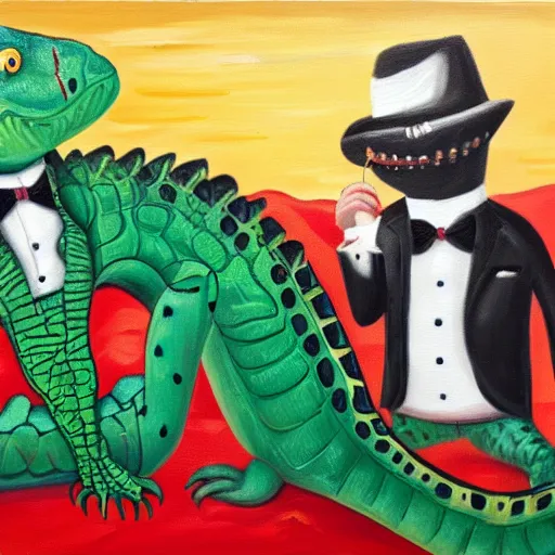 Prompt: Two crocodiles in a Tuxedo drinking cocktails, oil painting, warm colors