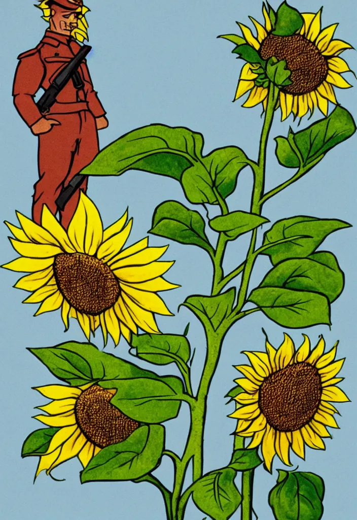 Prompt: A communist Propaganda Poster of a sunflower growing out of a dead soldier.