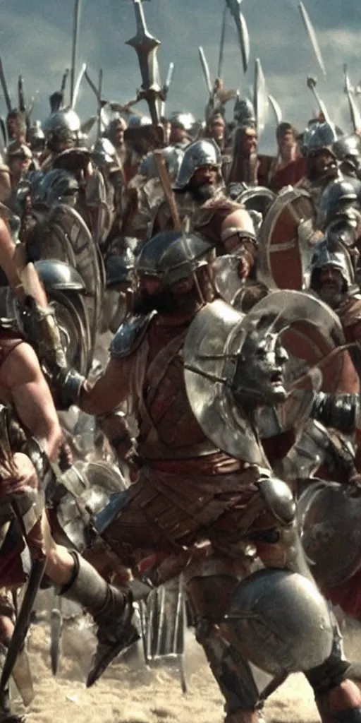 Image similar to Bernie Sanders dressed as Leonidas, with Leonidas beard, leading Spartans into battle, in screenshot from the 300 movie