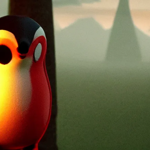 Image similar to penguin with red glowing eyes in front of a green glowing tower in the background, lord of the rings style