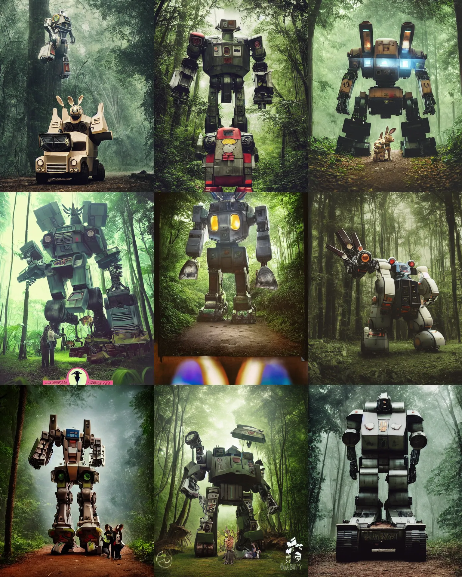 Prompt: epic battle pose! giant oversized battle robot mech as giant bulky chubby rabbit double decker bus with big ears and rabbit, in jungle forest , Cinematic focus, Polaroid photo, vintage, neutral colors, soft lights, foggy, by gregory crewdson