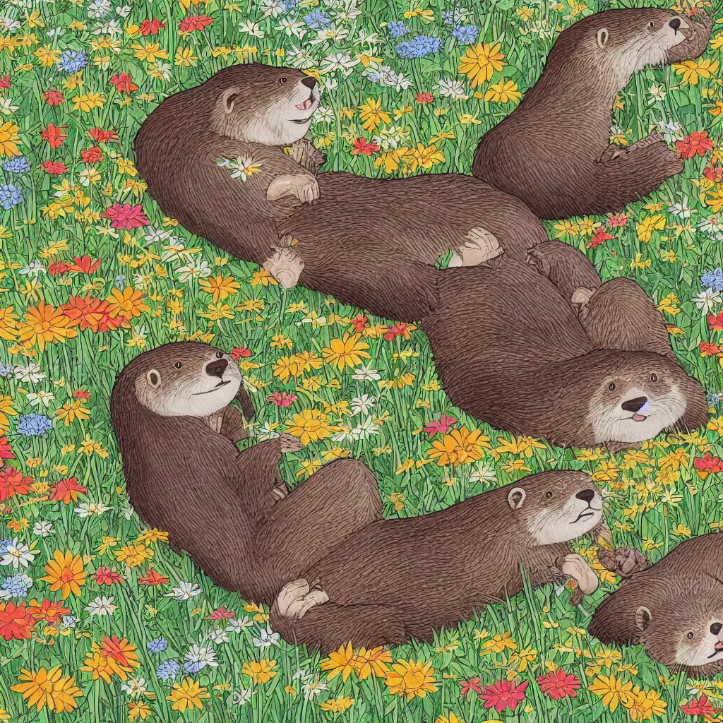 Image similar to a color manga illustration of an otter and a sloth lying in a field of wildflowers and eating sushi. the view is top down. his mood is one of delicious bliss. the image is illustrated in high colorful detail by masashi kishimoto and is very very very detailed.