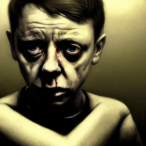 Image similar to young adult bernard sumner of new order as a zombie looking sad, 7 days to die zombie, gritty background, fine art, award winning, intricate, elegant, sharp focus, cinematic lighting, digital painting, 8 k concept art, art by michael hussar, art by brom, art by guweiz and z. w. gu, 8 k