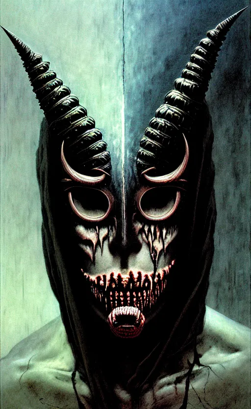 Image similar to a striking full body portrait of a pitch black masked eldritch shaman with jagged black horns by moebius and beksinski and artgerm, detailed artwork, realism, 4 k resolution, detailed, high quality, sharp focus, hq artwork, insane detail, volumetric lighting, character concept art, fine details, tarot card, clear subject