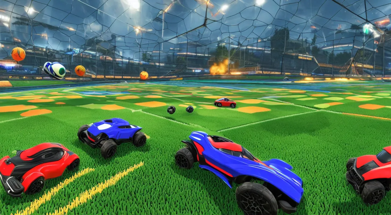 Image similar to a game of rocket league where the two cars have to stop due to a group of lost japanese tourists wandering across the field