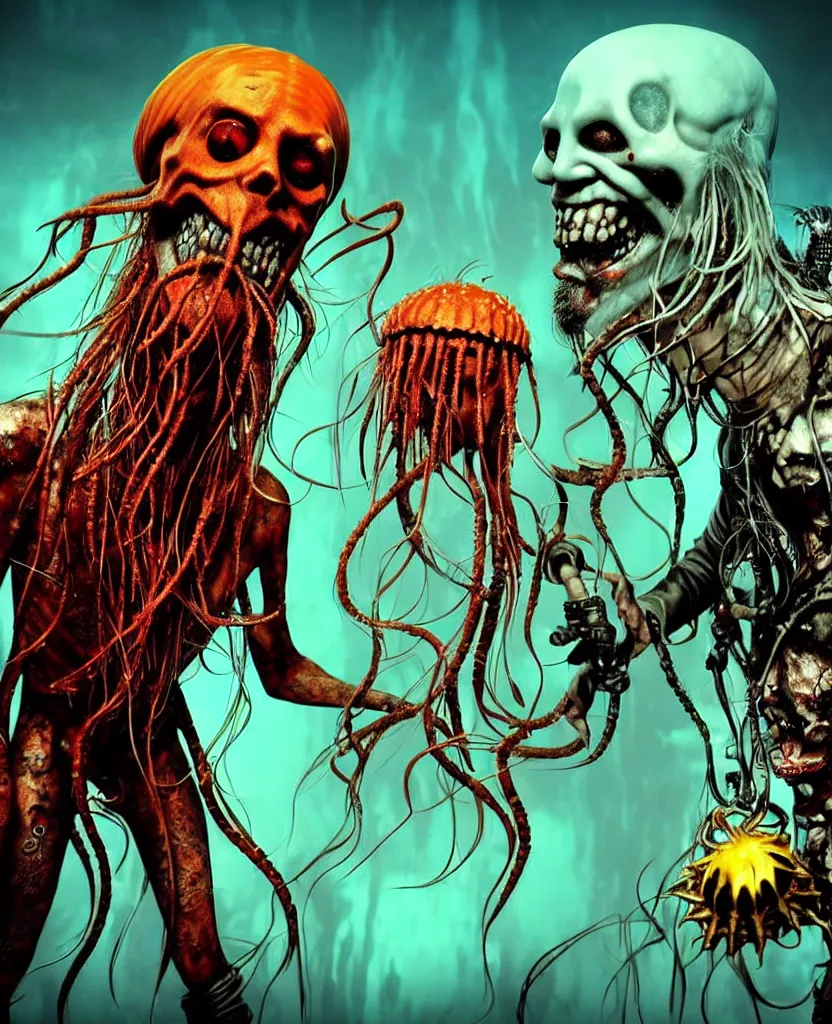 Prompt: Rob Zombie and Captain Spalding (The Devils Rejects) and Slipknot, epic angle and pose, symmetrical artwork, 3d with depth of field, blurred background, cybernetic jellyfish female face skull phoenix bird, translucent, nautilus, energy flows of water and fire. a highly detailed epic cinematic concept art CG render. made in Maya, Blender and Photoshop, octane render, excellent composition, cinematic dystopian brutalist atmosphere, dynamic dramatic cinematic lighting, aesthetic, very inspirational, arthouse. y Greg Rutkowski, Ilya Kuvshinov, WLOP, Stanley Artgerm Lau, Ruan Jia and Fenghua Zhong