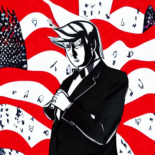 Image similar to trump as anime character cover monochrome stylish art station