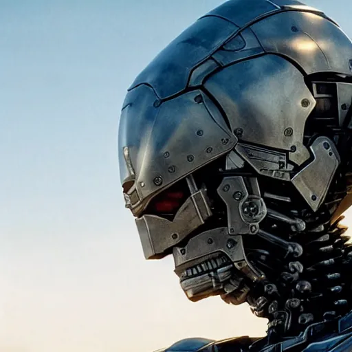 Prompt: cinematic still from westworld and real steel, very close shot of intricate ornate armored core head by fujioka kenki and by mamoru nagano,