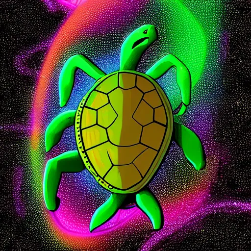 Image similar to turtle fusing with a psychedelic black hole in space, style like spiderverse movie, colorful, hard edges, black outlines