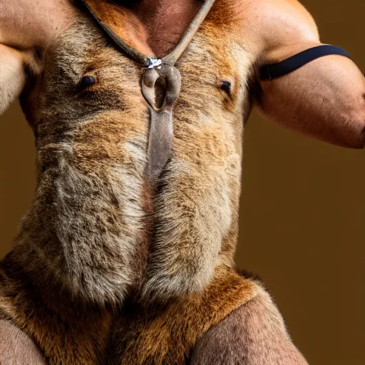 Prompt: a photo of a buff kangaroo man wearing a safari outfit, studio photography, 8 k