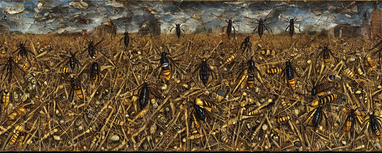 Prompt: strange giant insects, beetles, spiders, wasps, bees, maggots, locusts and flies, swarming in a cornfield, oil painting by max ernst and anselm kiefer, decay, mixed media, textured, sharp focus, highly detailed, photographic emulsion cracked and peeling, rust, cinematic lighting, 8 k, hd