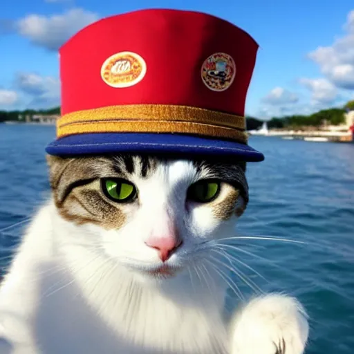 Prompt: cat wearing a captain's hat on a sail boat