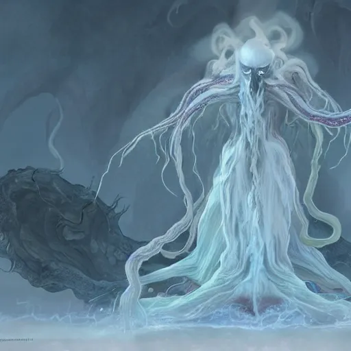 Image similar to concept designs for an ethereal ghostly wraith like figure made from wispy billowing smoke and sparks of electricity with a squid like parasite latched onto its head and long tentacle arms that flow lazily but gracefully at its sides like a cloak while it floats around a frozen rocky tundra in the snow searching for lost souls and that hides amongst the shadows in the trees, this character has hydrokinesis and electrokinesis for the resident evil village video game franchise with inspiration from kraang from the teenage mutant ninja turtle franchise and Bloodborne and the mind flayer from stranger things on netflix in the style of a marvel comic