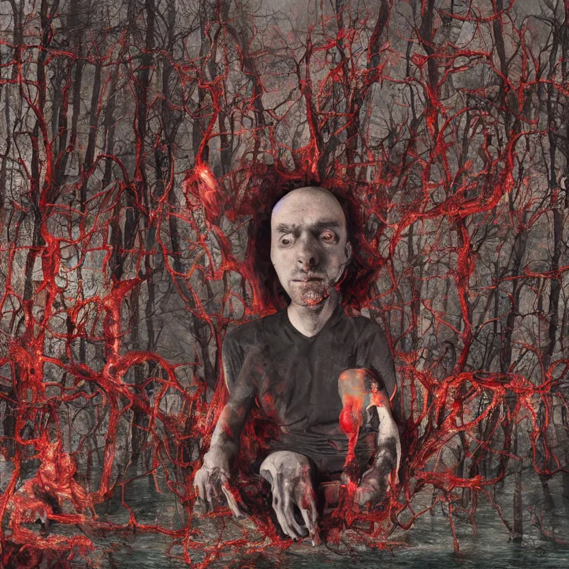 Image similar to a portrait of a man with five heads, twelve arms, sitting on chair made of human limbs, the chair is floating in a lake of blood, around the lake are melting trees, digital art, hyperrealistic nightmare scene, supernatural, highly detailed, creepy, terrifying