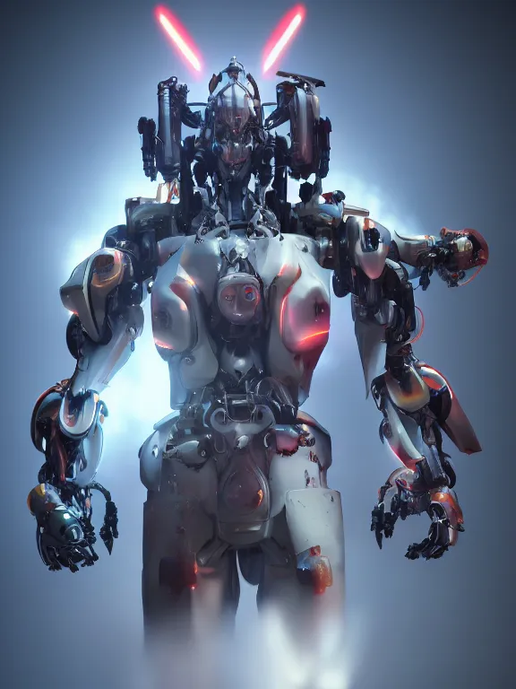 Image similar to fine portrait of 6 hands mecha samurai with plasma power, high detail, cinematic lightning, octane render, artstation