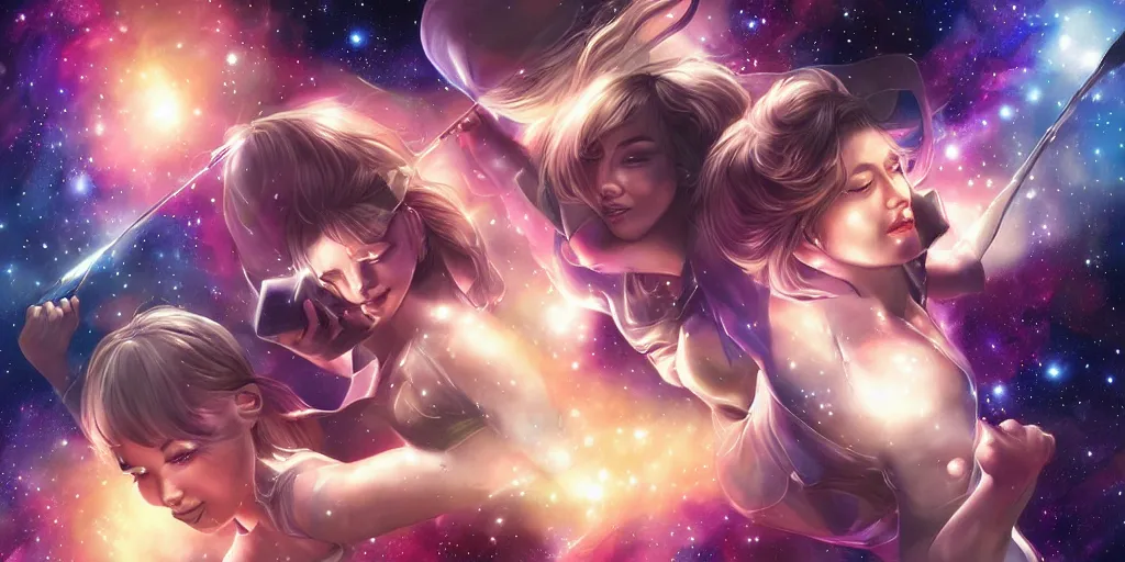 Image similar to girls swinging in the galaxy, art by artgerm