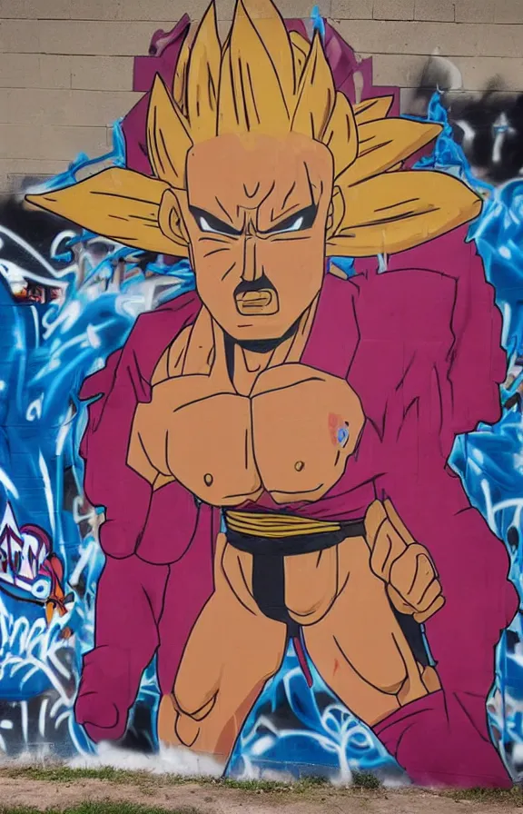 Image similar to a graffiti wall of super saiyajin freddy mercury