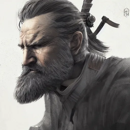 Prompt: ronin, old, white beard, wrinkles, handsome, action pose, katana, profile, intricate, detailed, volumetric lighting, scenery, digital painting, highly detailed, artstation, sharp focus, illustration, concept art, ruan jia, steve mccurry