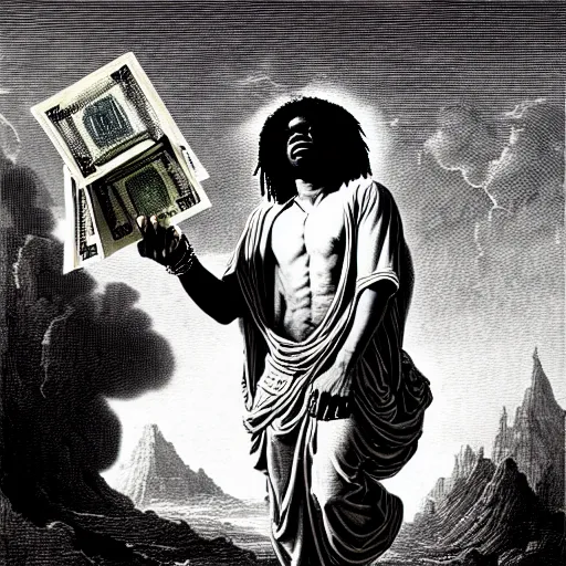 Image similar to cheef keef ascending into heaven holding stacks of cash, biblical image, style of gustave dore, highly detailed, beautiful, high contrast, black and white