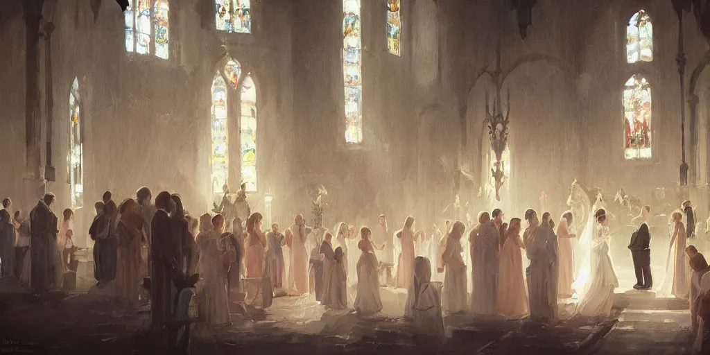 Image similar to a beautiful painting of wedding in the church, greg rutkowski style, trending on artstation