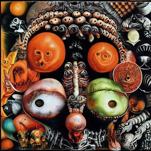 Prompt: black, white, orange album cover, aliens, psychedelic, giuseppe arcimboldo