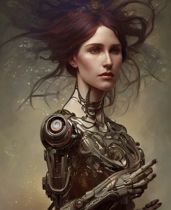 Image similar to portrait of a robotic human, half body, d & d, fantasy, intricate, elegant, highly detailed, digital painting, artstation, concept art, art by artgerm and greg rutkowski and alphonse mucha