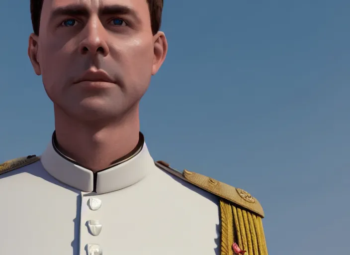 Image similar to proud man wearing a white tunic uniform, tab collars, no medals, no epaulette, his arms are behind his back, ultra realistic, 4 k, movie still, uhd, sharp, detailed, cinematic, render, modern