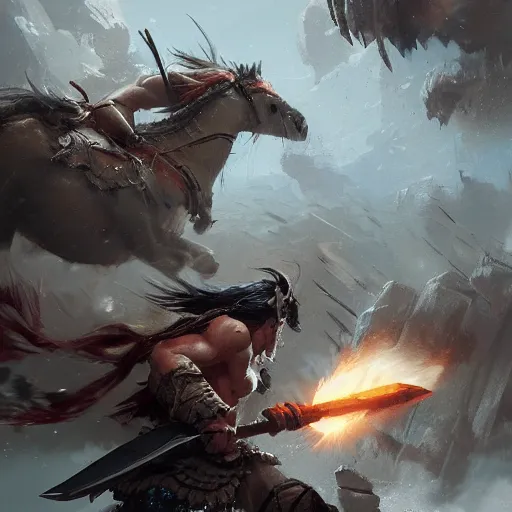 Image similar to a beautiful action portrait of a barbarian charging into battle by Greg Rutkowski and Raymond Swanland, Trending on Artstation, ultra realistic digital art