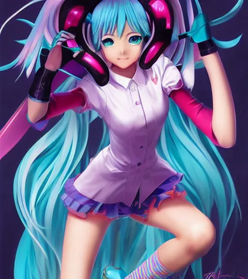 Prompt: Anime art of beautiful Hatsune miku with beautifel legs by artgerm, rossdraws, magali villeneuve, Gil Elvgren, Alberto Vargas, Earl Moran, Enoch Bolles