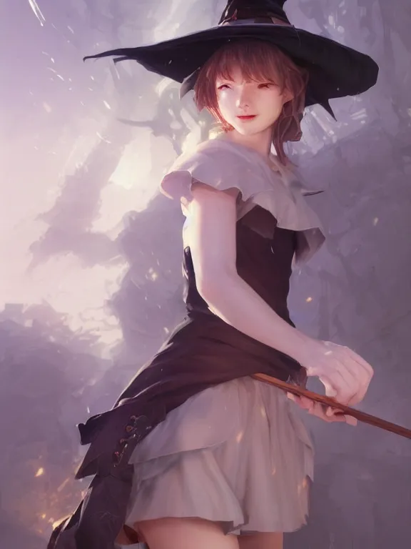 Image similar to A mischievous young witch about to get up to some trouble. Elegant. Smooth. By Ruan Jia and Artgerm and Range Murata and WLOP and CLAMP. Key Art. Fantasy Illustration. award winning, Artstation, intricate details, realistic, Hyperdetailed, 8k resolution.