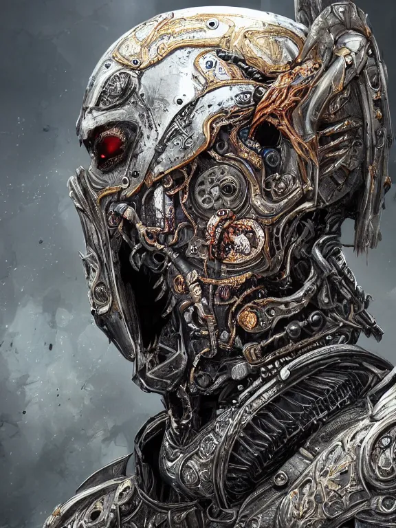 Image similar to portrait art of 8k ultra realistic undead wraith, ornate helmet , detailed intricate ornate armour,corrupted, cybernetic, full of colour, cinematic lighting, battered, trending on artstation, 4k, hyperrealistic, focused, extreme details,unreal engine 5, cinematic, masterpiece, art by ayami kojima, giger