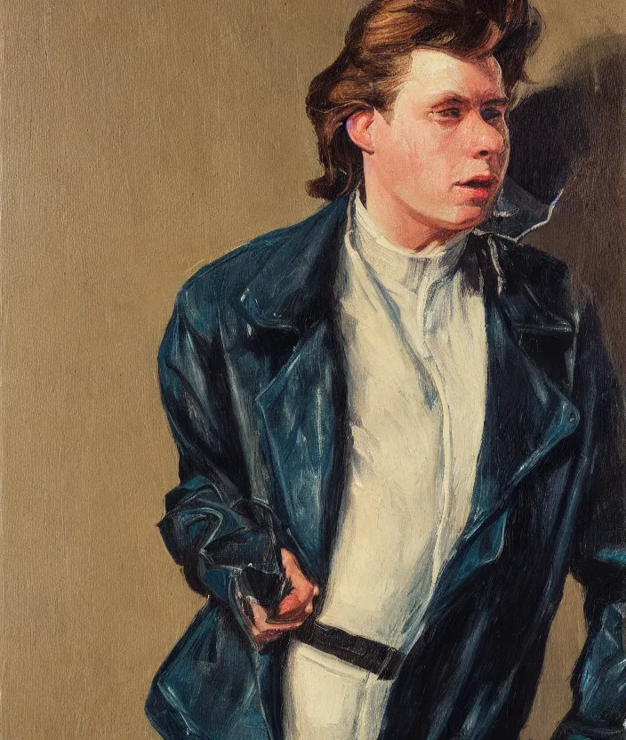 Image similar to a very detailed portrait of a man, wearing an 8 0 s jacket with big shoulder pads, very aesthetic leather jacket, detailed closeup of leather jacket, front view, in the style of edward hopper and oswald hornby joseph birley and susan ryder, very small brushstrokes, 4 k,