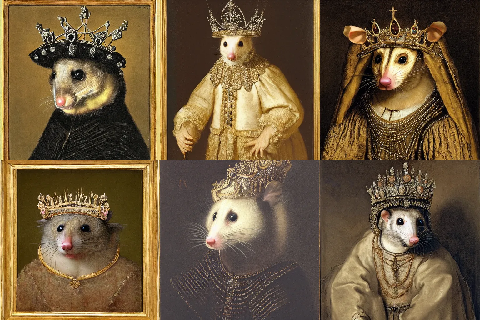 Prompt: a portrait of a possum wearing a crown and a royal mantle by rembrandt