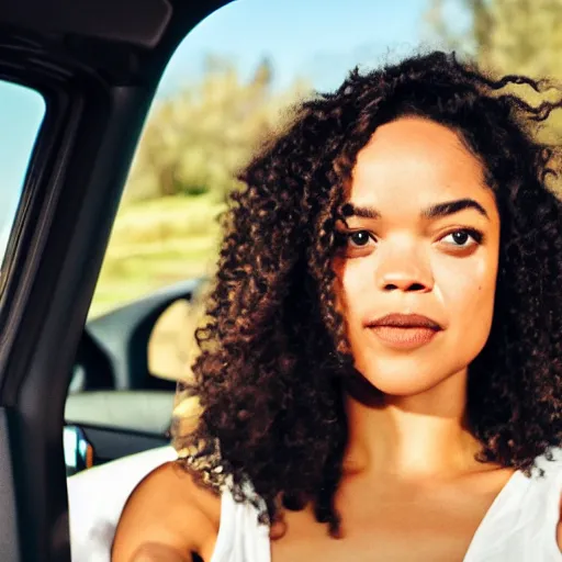 Prompt: photo of Tessa Thompson driving a car, digital art