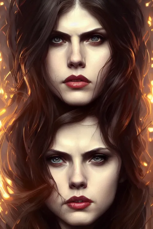 Image similar to alexandra daddario as black widow, realistic portrait, symmetrical, highly detailed, digital painting, artstation, concept art, smooth, sharp focus, illustration, cinematic lighting, art by artgerm and greg rutkowski and alphonse mucha