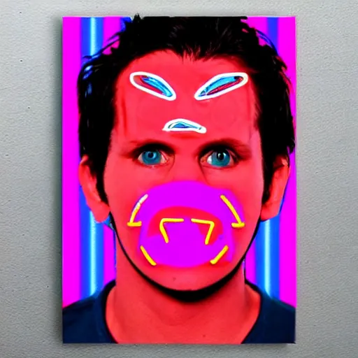 Image similar to dennis reynolds wearing half of a jason hokey mask. pink and blue neon with red and black letters in neon font that says the golden god butcher knife movie poster