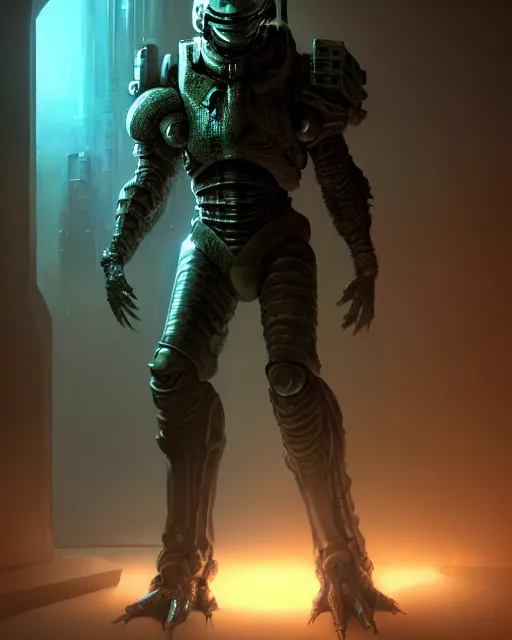 Image similar to Sci-Fi Crocodile alien, armored, big, art by Kashin, Wadim, Martinière, Stephan, holding rifle, sharp focus, pitch black cursed evil Spaceship hallway, dark light, soft purple glow, heroic pose, sci-fi artwork, octane render, dead space artwork, cyberpunk, warm light, occult, magical, volumetric lighting, 8k high definition, highly detailed, trending on art Station, centered, by Greg Rutkovski, sci-fi artwork, arnold render