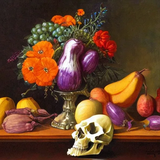 Image similar to still life, flowers, vegetables, fruits and skulls, oil painting, highly detailed