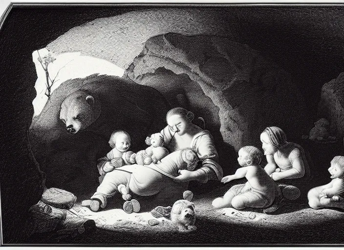 Image similar to Pieter Claesz's 'a bear and her cubs sleeping in a dark cave, lit by campfire', night time, cross hatching, framed, monochrome