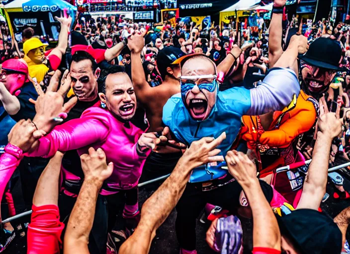 Image similar to photo still of putties from power rangers at the vans warped tour!!!!!!!! at age 3 6 years old 3 6 years of age!!!!!!!! stage diving into the crowd, 8 k, 8 5 mm f 1. 8, studio lighting, rim light, right side key light