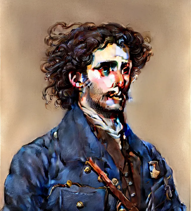 Image similar to portrait of a man with brown curly hair and deep brown eyes wearing a blue traditional 1 8 0 0 s military jacket, intricate, highly detailed, digital painting, artstation, concept art, sharp focus, cinematic lighting, illustration, art by artgerm and greg rutkowski, alphonse mucha, cgsociety