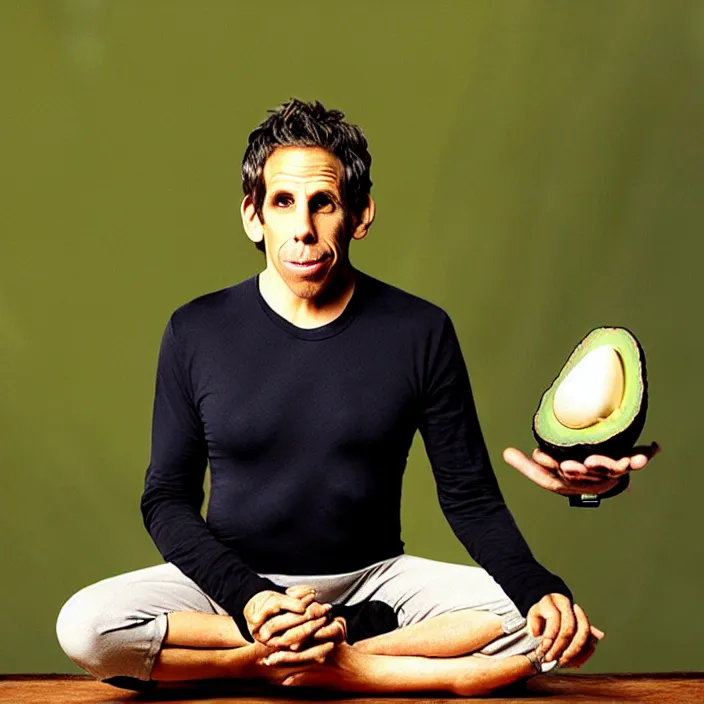 Prompt: ben stiller in the lotus position balancing stack of avocado on his head