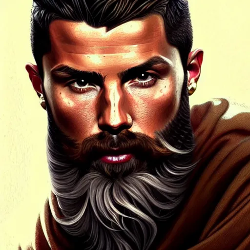 Image similar to Cristiano Ronaldo with a majestic beard, closeup, D&D, fantasy, intricate, elegant, highly detailed, digital painting, artstation, concept art, matte, sharp focus, illustration, art by Artgerm and Greg Rutkowski and Alphonse Mucha