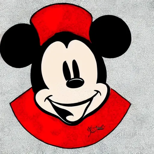 Image similar to a drawing of disney's mickey mouse in a ushanka with a soviet emblem