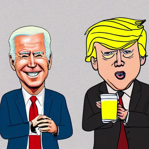 Image similar to cartoon drawing of Biden and Trump together drinking a lemon drink with Rio de Janeiro mountains on the background