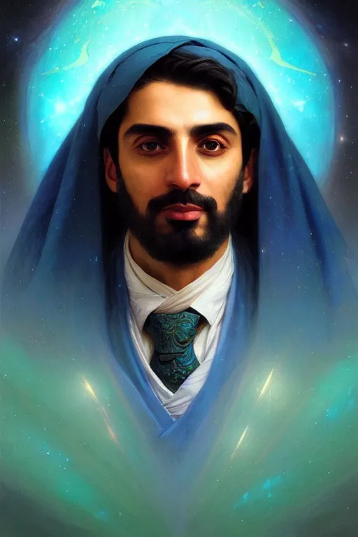 Image similar to portrait of a Persian architect and astronomer, handsome man, heroic pose, Turquoise colors, dramatic lighting, volumetric lighting, intricate, highly detailed, digital painting, artstation, concept art, smooth, sharp focus, illustration, art by artgerm and greg rutkowski and alphonse mucha, footage from space camera