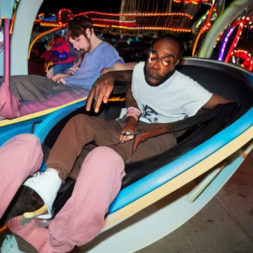 Image similar to death grips riding tilt - a - whirl at a carnival, mc ride, zach hill, andy morin,