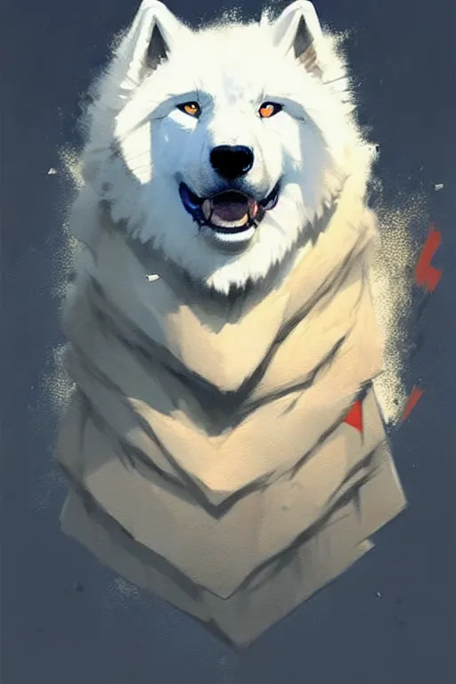 Image similar to greg rutkowski art poster, heroic samoyed. trending on artstation